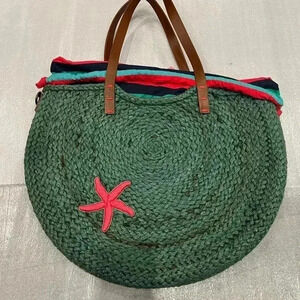 White  Stuff Green Crochet Beach Tote with Lining